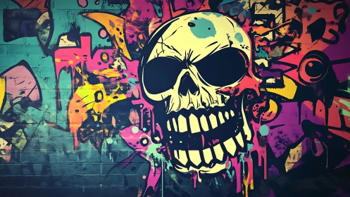 Pop art skull mural with neon graffiti layering on brick wall.