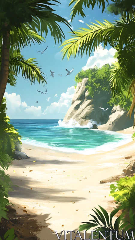 Tropical Haven: Crystalline Cove Framed by Palm Canopy