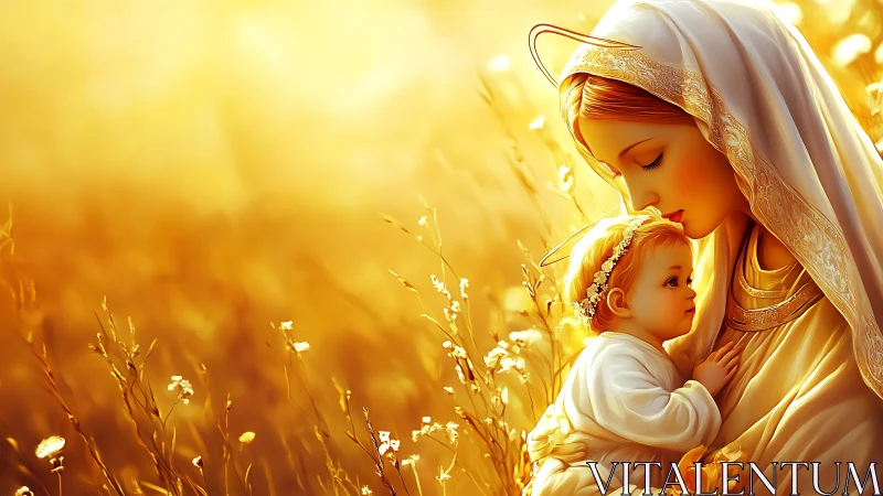 Mother holding infant in golden pastoral light field.