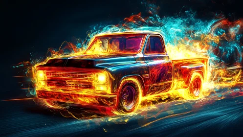 Vintage pickup truck rendered in neon fire effects.