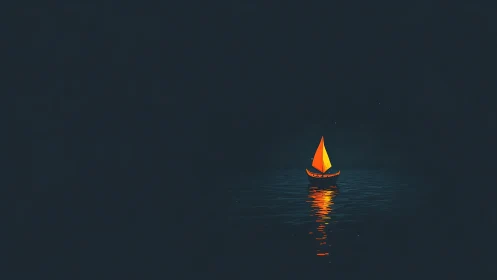 Tiny golden sailboat drifting through midnight quiet waters.
