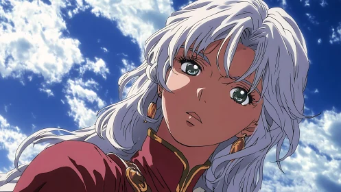 Curious silver haired heroine gazes up into a bright sky