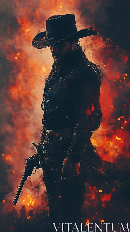 Lone gunslinger emerges from burning embers in defiant silence