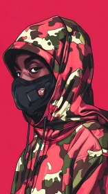 Hooded streetwear figure in bold red camo stands watchful.