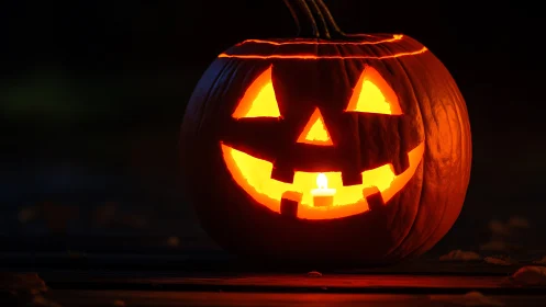 Candlelit carved jack o lantern with glowing orange interior