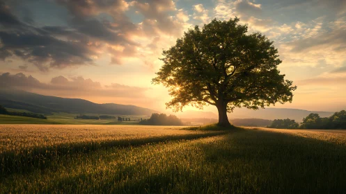 Backlit solitary tree casts elongated shadows across wheat field