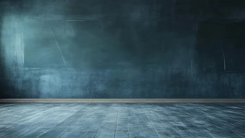 Empty interior shows worn wooden floor and textured wall