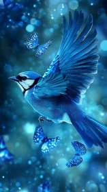 Blue songbird in flight with butterflies on abstract field.