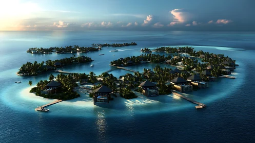 Tropical Island Resort Archipelago with Overwater Bungalows at Sunset.