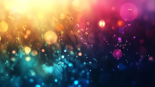 Glowing wildflowers rise through multicolored bokeh haze