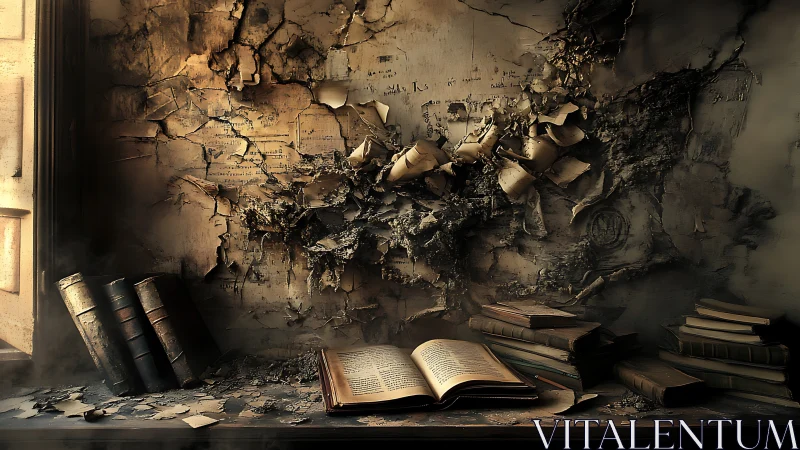 Decayed study wall with open book and scattered volumes.