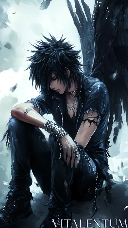 Melancholic black winged boy in torn gothic streetwear