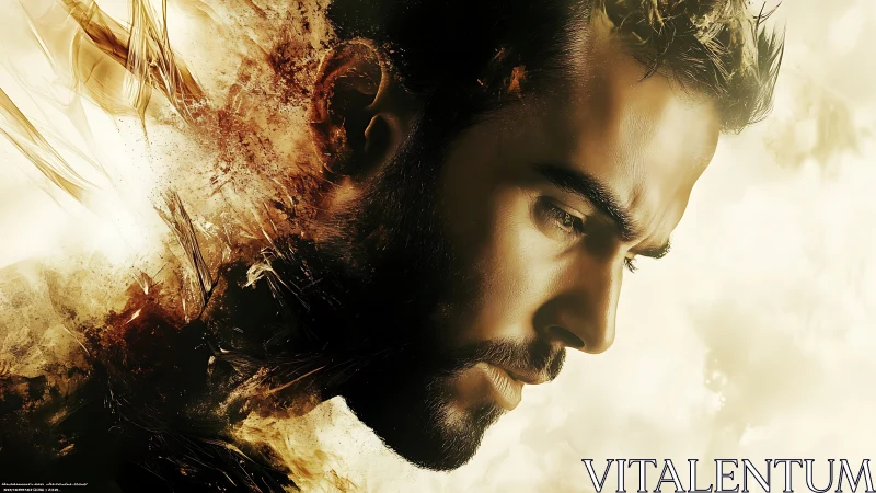 Brooding male portrait dissolves into warm abstract smoke