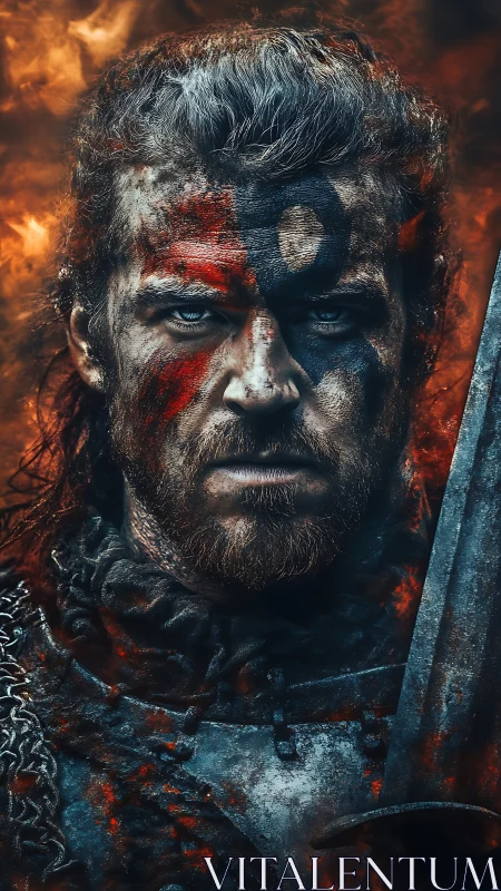 Battle-scarred warrior gazing through firelit twilight.