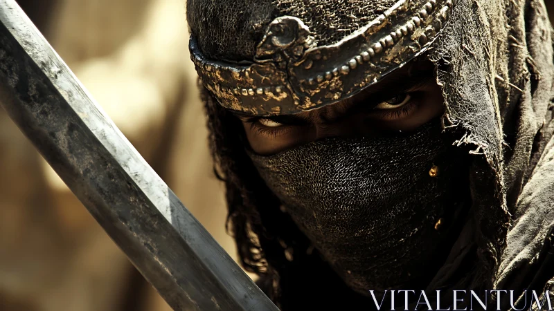 Masked desert warrior with sword in intense closeup.