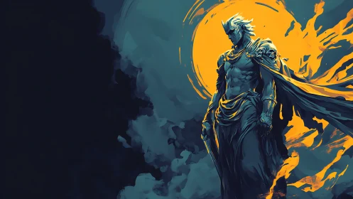 Celestial warrior silhouette in teal shadows and solar flare.