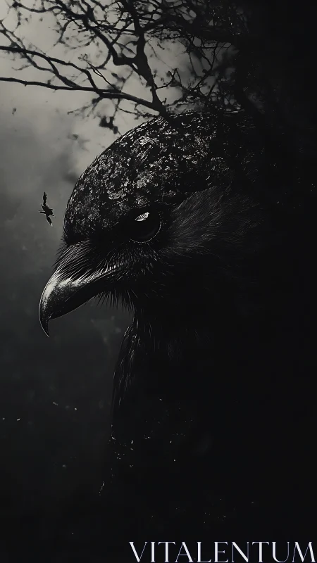 Midnight raven watching quiet skies and whispering woods.