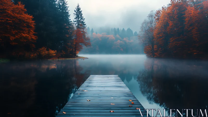 Misty autumn lake with wooden pier and fiery forest reflections.