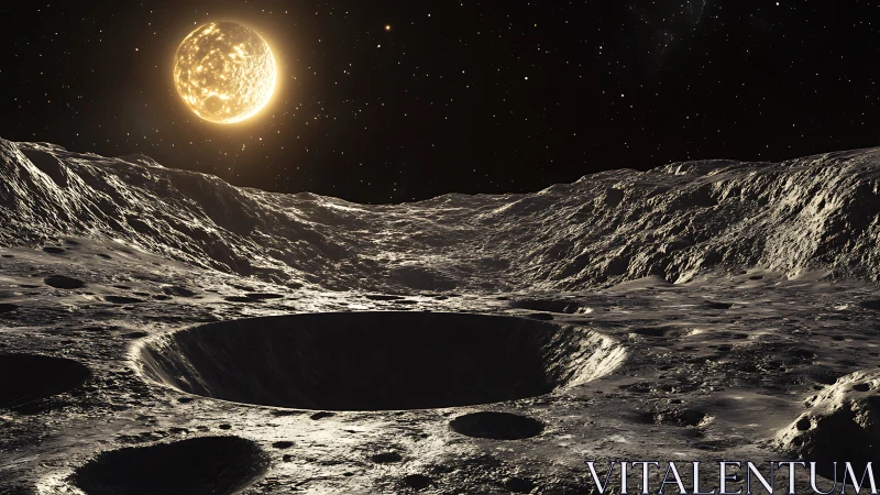 Lunar impact crater under bright sunlit star field.