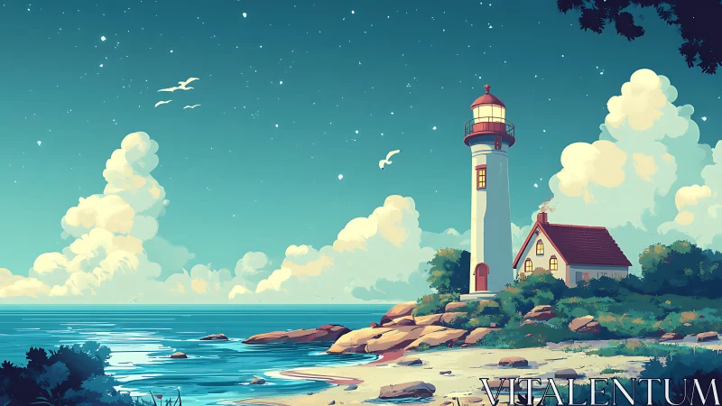 Lighthouse Structure on Rocky Coastal Terrain with Accompanying Dwelling