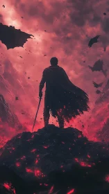 Lone swordsman confronts dragons above a burning volcanic abyss