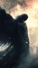 Silhouetted winged figure stands in dense backlit smoke