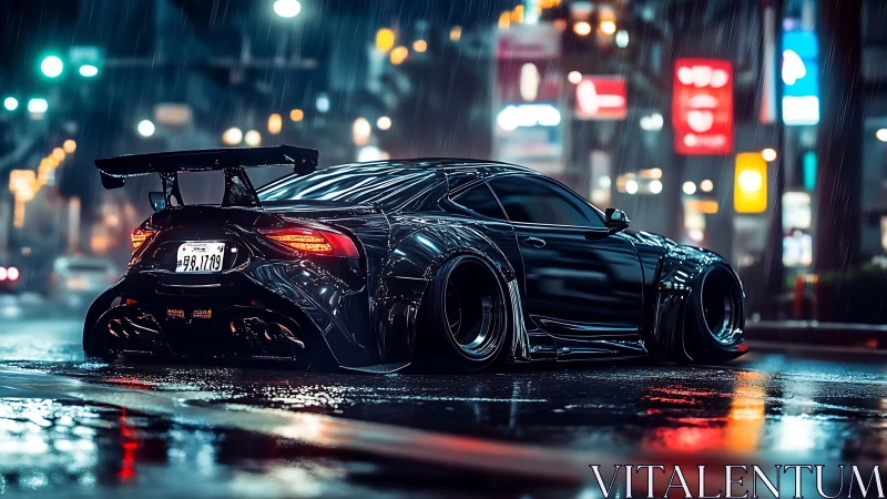 Widebody tuner car idles under neon lights in rain-soaked city