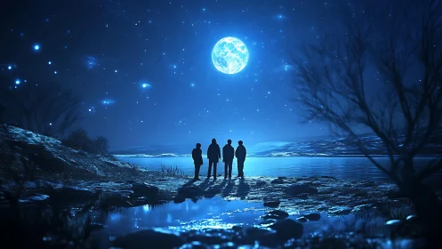 Four silhouettes stand by a moonlit lake under dense stars