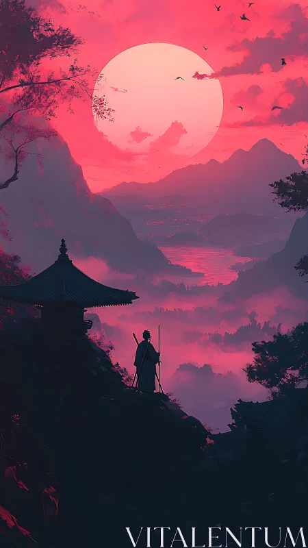 Crimson moon heaves over a lone wanderer above misted valleys