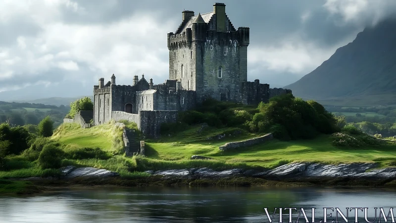 Medieval fortified castle perched on elevated terrain with distinctive square tower architectural co