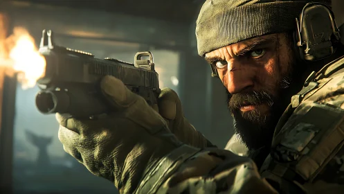 Soldier aims handgun during close-quarters engagement indoors