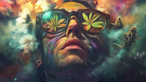 Dreamy cosmic portrait with glowing glasses and leaves.