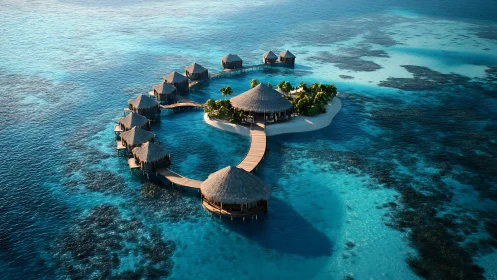 Overwater Resort with Thatched Villas in Turquoise Lagoon.