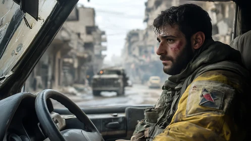 War-weary soldier in armored cab amid urban devastation.