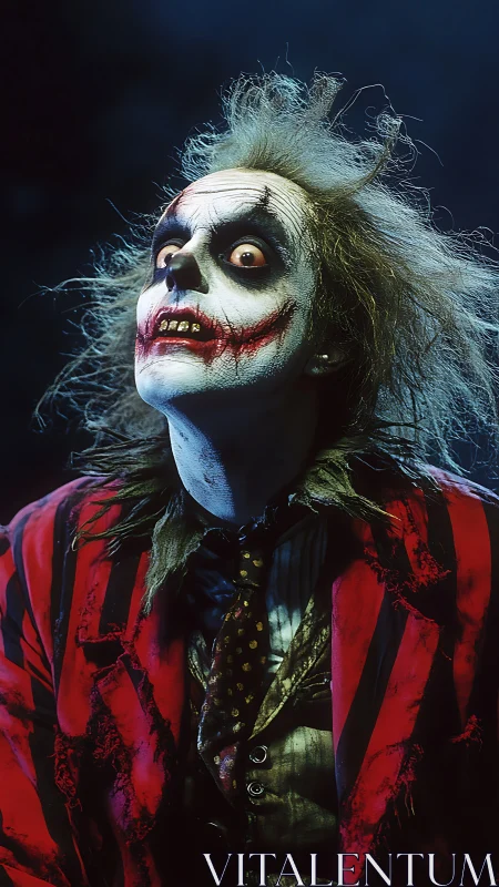 Wild haired ghoul grins in a tattered red striped suit