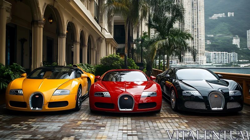 Tri-color Bugatti Veyron lineup before waterfront luxury hotel