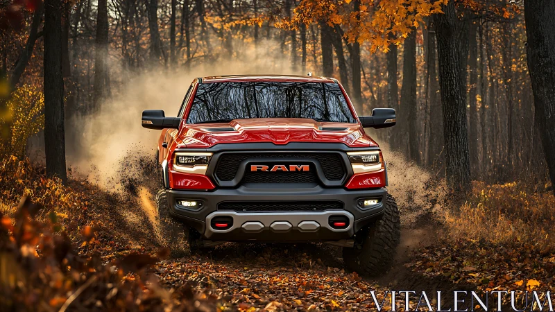 Off-road pickup truck accelerates through autumn forest trail dust