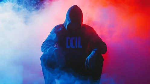 Hooded figure crouches amid dense red and blue stage fog