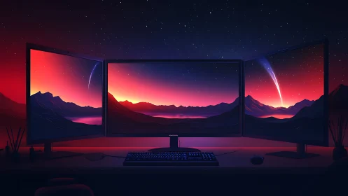 Triple-monitor workstation shows stylized sunset landscape