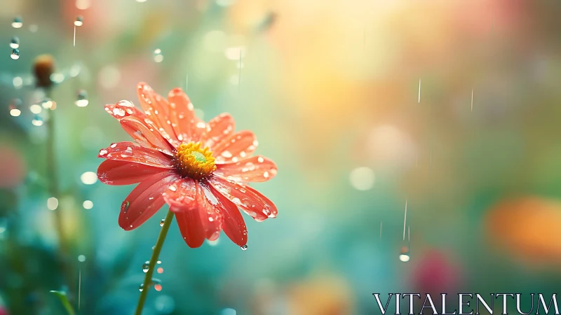 Raindrops Glisten on a Vibrant Red Daisy