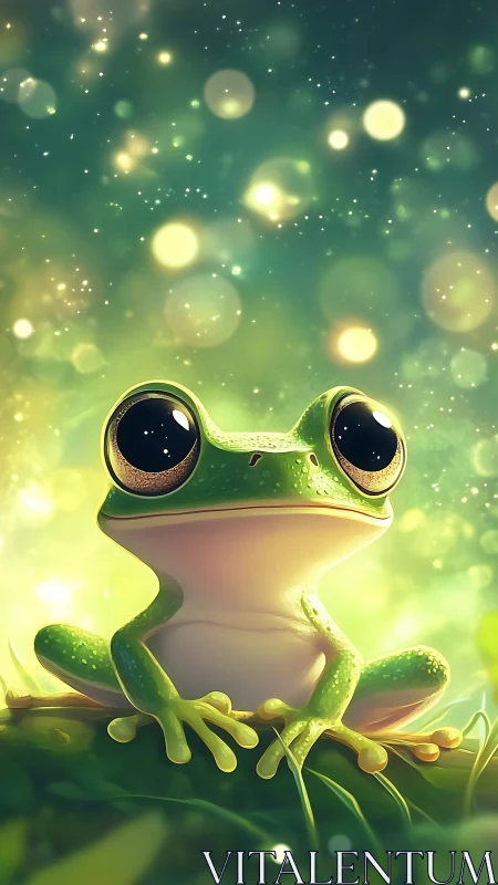 Digital painting of luminous frog in ethereal bokeh environment.
