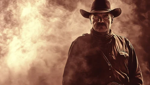 Gritty cowboy portrait in dramatic sepia smoke atmosphere.