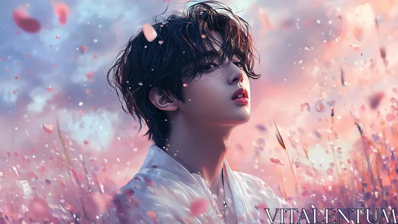 Digital portrait of youth in pink flower field at dusk.