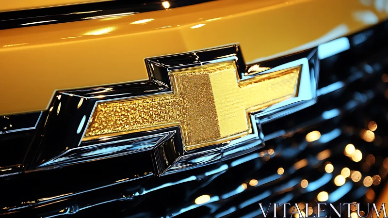 Golden bowtie emblem gleams on sleek black auto grille.