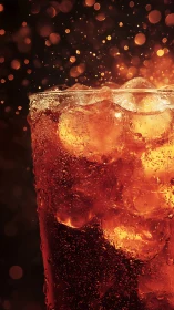 Vibrant Cola Splash: Ice Glass Beverage with Golden Bokeh.