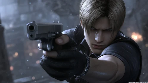 Cinematic close-up of armed agent in tense action stance