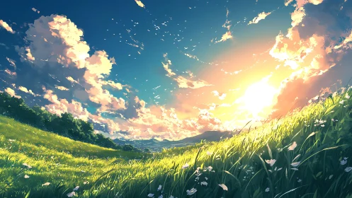 Sunlit hillside meadow under expansive clouded sky.