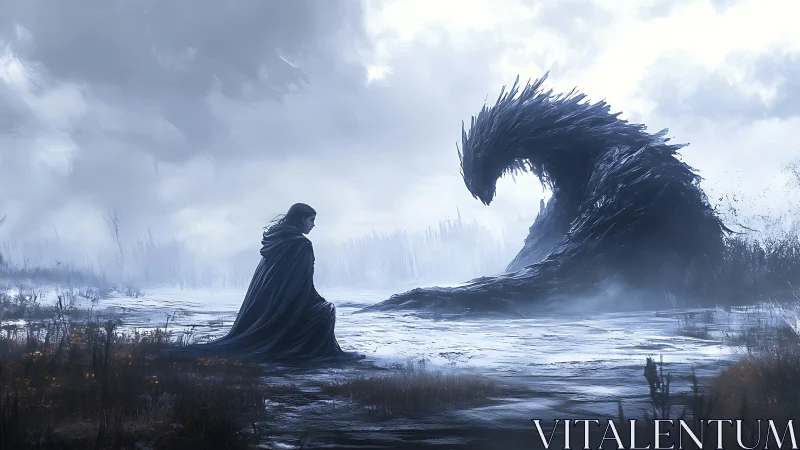 Cloaked figure faces towering shadow beast in bleak marsh