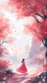 Woman in red dress walks under dense pink blossom canopy
