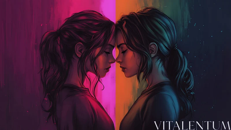 Dual portrait of mirrored women in neon split complementary light